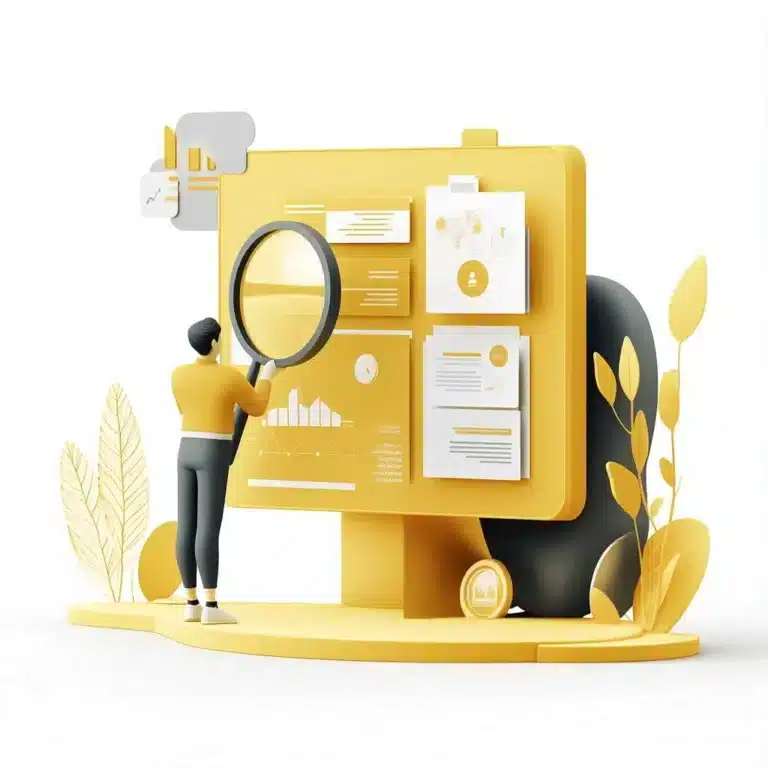 Diese Grafik zeigt eine Person mit Lupe und symbolisiert das Thema »IT-Inventarisierung und Lizenzmanagement«.