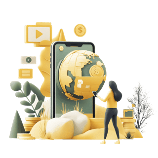 Die 3D-Illustration eines Smartphones, dessen Bildschirm einen großen Globus anzeigt, während eine Frau davorsteht und ihn betrachtet.