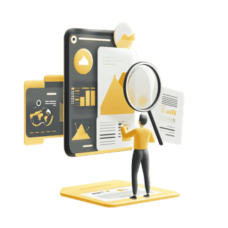 3D-Grafik eines externen ISB mit Lupe, der Diagramme analysiert.