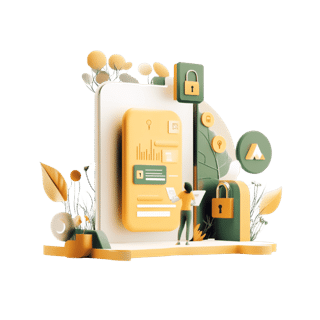 Die Illustration zeigt ein 3D-Handy mit Sicherheitssymbolen, die von einem Informationssicherheitsbeauftragten geprüft werden.