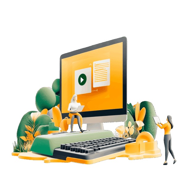 Die Grafik zeigt einen riesigen PC und veranschaulicht das Thema »Online Datenschutzschulung für Mitarbeiter«.